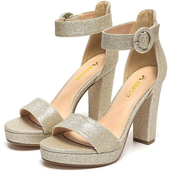 Amoji Women Glitter-gold Faux Suede Open Toe High Heel Chunky Platform Sandals - Picture 3 of 8
